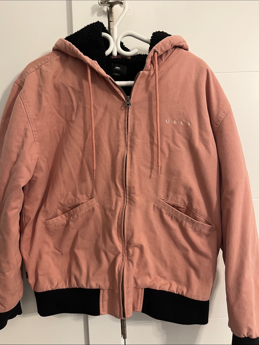 Obey Pink Hooded Sherpa-Lined Bomber Jacket